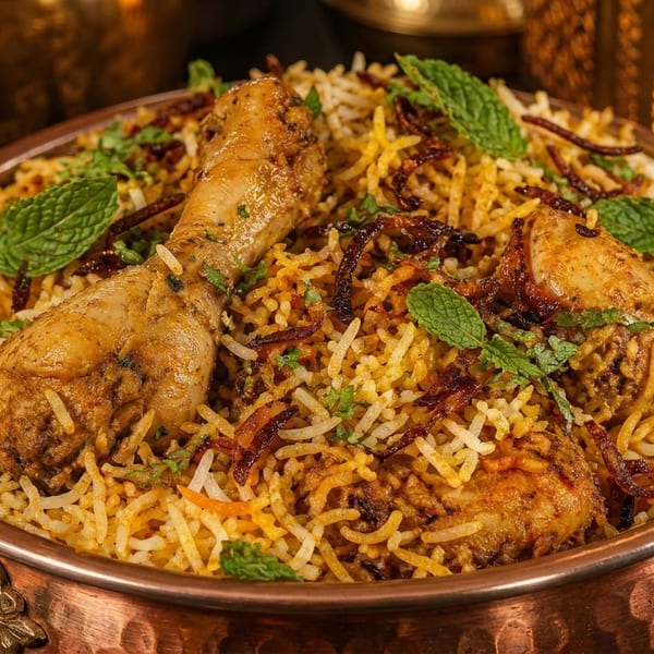 Chicken biryani with mint and fried onions in a copper pot, with ornate golden decor in the background.