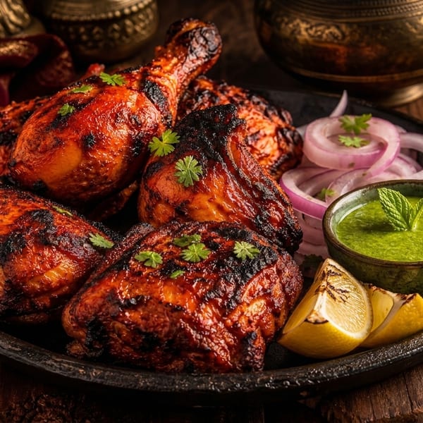 Grilled tandoori chicken with red onions, mint chutney, and lemon wedges on a dark plate.
