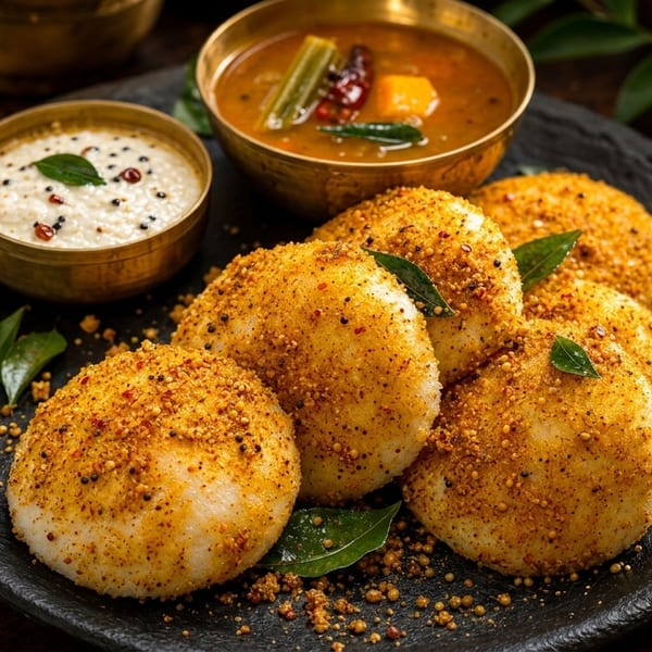 South Indian idli, sambar, and chutney in brass bowls on a dark plate.
