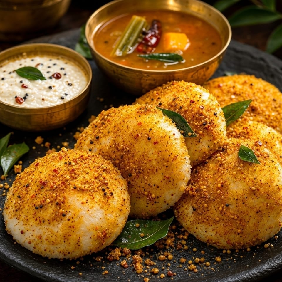 South Indian idli, sambar, and chutney in brass bowls on a dark plate.