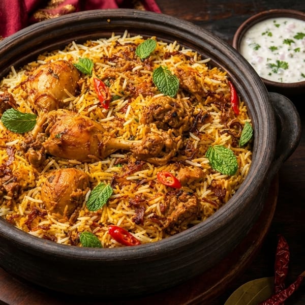 Chicken biryani in a clay pot, with raita, curry, sliced onions, and lemon on the side.