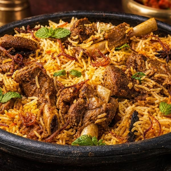 Close-up of a dark bowl filled with lamb biryani, garnished with mint and fried onions.
