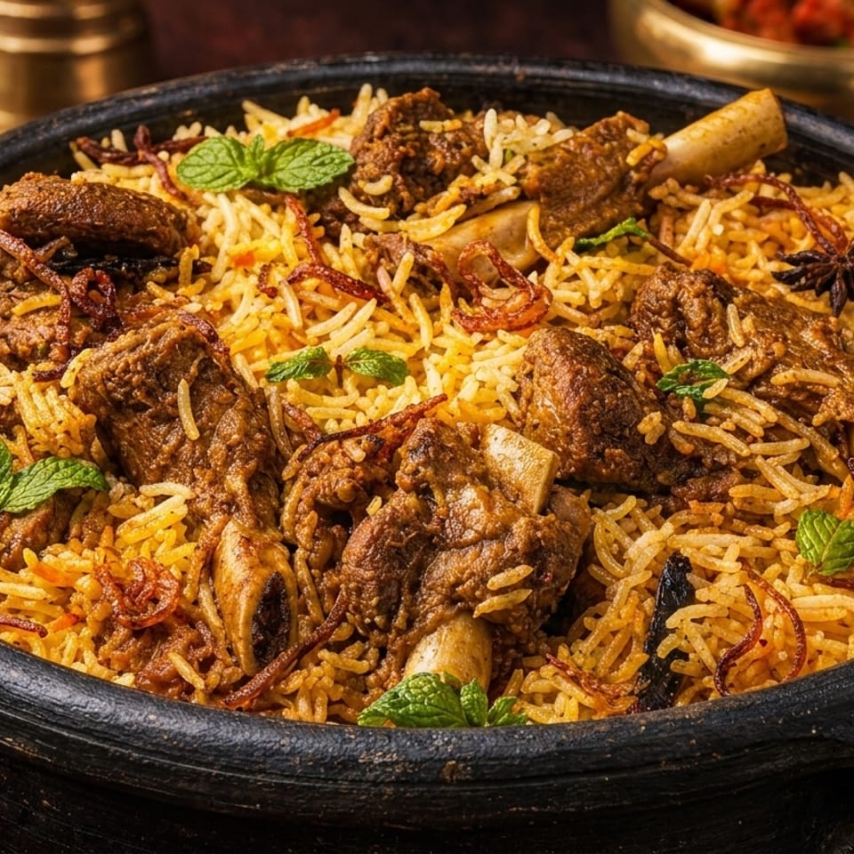 Close-up of a dark clay pot filled with lamb biryani, garnished with mint and fried onions.